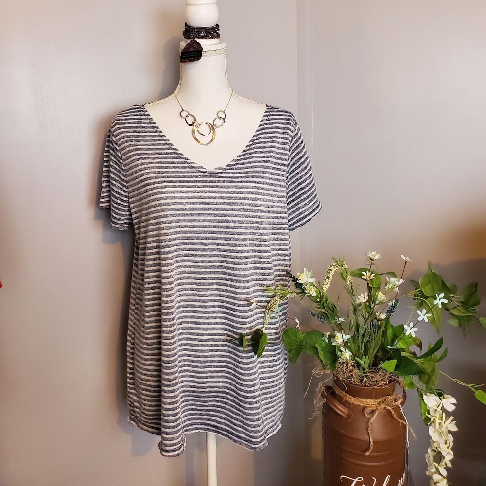 New navy and white striped v neck top